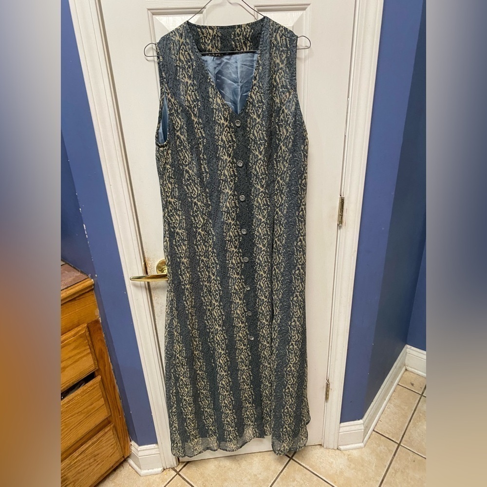 Vintage Maxi Tan Gray Abstract Print Sleeveless Lined Boho Button Down Dress L